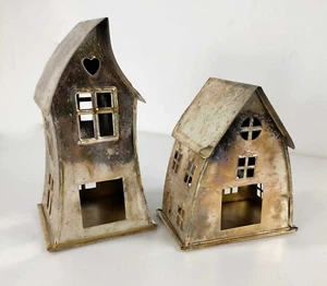 2er Set Kerzenständer Laternen Deko Häuser Village aus gealtertem Metall - Bild 1 von 8