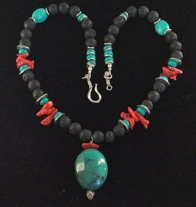 Handcrafted Hubei Turquoise, Red Coral & Lava Bead Pendant Necklace – 21" - Picture 1 of 6