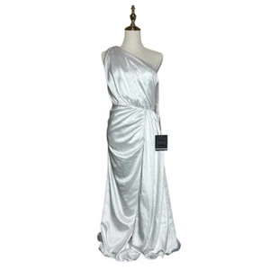 NWT Ieena for Mac Duggal White Gathered One Shoulder Satin Faux Wrap Gown Size 6 - Picture 1 of 24
