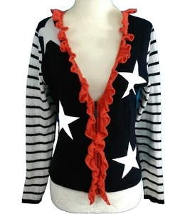 Y2K Full Zip Cardigan Size M Ruffled Funky Star Print Striped Art To Wear - Bild 1 von 12