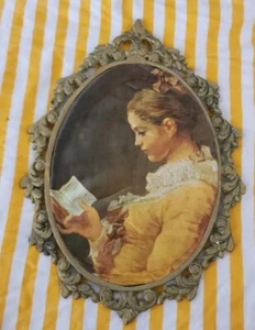 Vintage Kunstdekor Bild Seide Wandteppich seltene Frau lesen ln einem Bronzerahmen - Bild 1 von 7