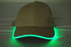 Khaki Fabric Green LED Lighted Glow Hat Velco Adjustable Replaceable Batteries - Picture 1 of 3