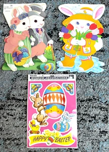 3 Vintage Easter Die Cut Cleo Flocked Decorations + Color-Clings Window NEW - Picture 1 of 15