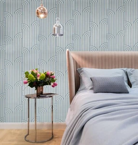 Textured Silver metallic blue art deco lines faux fabric modern wallpaper rolls - Picture 1 of 13