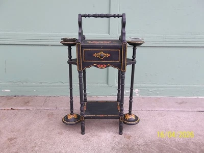 Raro soporte de madera para fumar de 3 piezas de arte popular pintado a mano de colección con cajón Foto 1 de 4