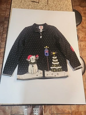 Vintage Quacker Factory Christmas Cat Knit Zipper Up Sweater Women Large *read* - Image 1 of 4