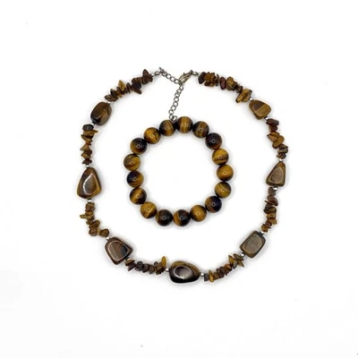 Juego de collar y pulsera vintage ojo de tigre marrón redondo cuentas de astillas Foto 1 de 4