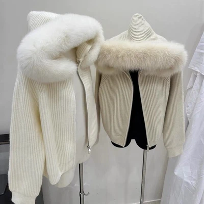 Abrigo de piel de zorro 2025 para mujer abrigo corto de piel con capucha moda cárdigan tejido de lujo Foto 1 de 4