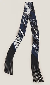 Hermes Scarf Twilly Festival Des Amazones Bandana Blue Noir Black Fringe Leather - Picture 1 of 10