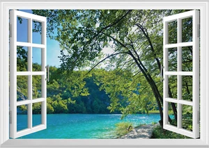 FLFK Fake Window Wall Sticker - Lakes in the Jungle Faux Window Wall Mural - Picture 1 of 12