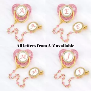 Pink Diamond Initial Dummy Pacifier + Holder 0-6 6-12 12-18 Clip Chain Baby Gift - Picture 1 of 2