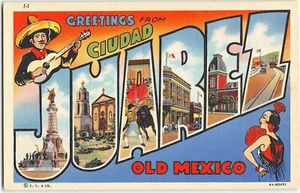 CIUDAD JUAREZ Carta Grande México Saludos Bailarina Tauromaquia Lino Postal Años 40 - Imagen 1 de 2