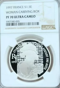 1997 FRANCE SILVER 1.5 EURO UTAMARO WOMAN CARRYING BOX NGC PF 70 ULTRA CAMEO  - Picture 1 of 4