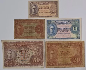 1941 Malaya & British Borneo 1, 5, 10, 20 & 50 (A31485688) Cents Set Banknotes - Picture 1 of 12