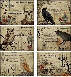 6 Pcs Halloween Kitchen Towels Set Halloween Skeletons Crows Owl Dish Classic - Picture 1 of 6