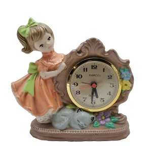 Vintage Chalkware Clock Girl in Orange Dress with Cat 6" Tall *no back - Picture 1 of 9