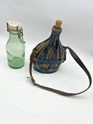 Ancienne gourde de chasse (cage métal) + ancienne Bouteille ( Dans leurs jus ) - Photo 1/4