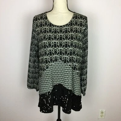 Blusa túnica Alfani talla M mujer negra blanca floral lentejuelas dobladillo manga 3/4 Foto 1 de 4