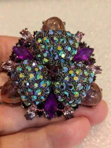 Purple Flower Brooch Pin AB Rhinestone 2 1/8" SIGNED FELICIA WCloth Bag STUNNING - Picture 1 of 14