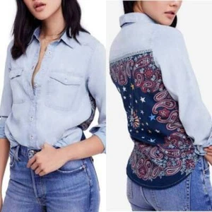 Free People Embroidered Bandana Bandit Chambray Button Down Shirt Size S - Picture 1 of 8