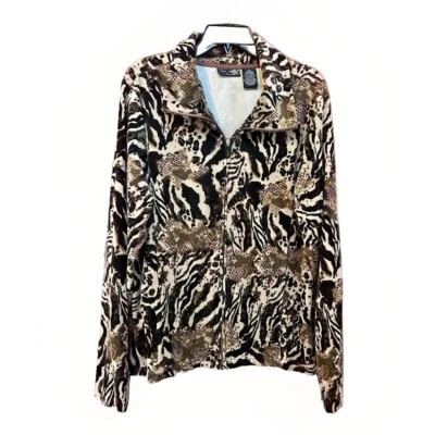 Chaqueta Jane Ashley Marrón Estampado Animal Terciopelo Cremallera Completa Princesa Costura Bolsillos XL Foto 1 de 4