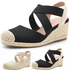 Women Elastic Strap Close Toe Platform Espadrilles Casual Wedge Sandals - Picture 1 of 14