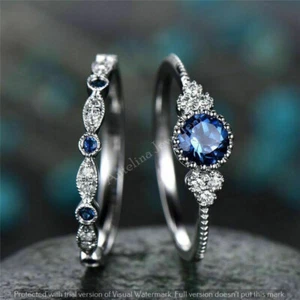 2.50 CT Simulated Round Cut Tanzanite Engagement Ring 925 Sterling Silver Plated - Picture 1 of 6