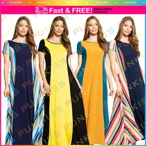 Women's Printed Breezy Summer Maxi Long Sun Dress??Short Sleeve Beach Casual - Picture 1 of 10