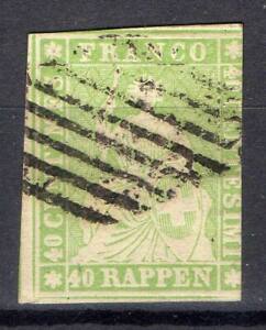 SUISSE ! Timbre ancien de 1854 n°30a 40r vert, papier moyen, fil de soie rouge-B