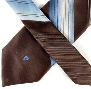 Vintage Pierre Cardin Mens Tie Short, Logo, Brown Blue Striped Pattern Polyester - Picture 1 of 8
