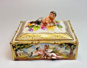 Antique German Schierholz Porcelain Jewelry  Box Casket Capodimonte Satyrs Nymph - Picture 1 of 10