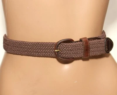 Braided Brown Webbing Stretch Belt w/ Brown Leather Tabs - SIZE S/M -  37" Long - Image 1 of 4