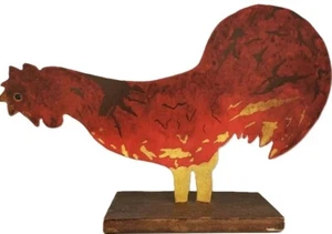 Folk Art Hand Painted Metal Rooster 12" x 8" Wood Base Red Rustic Farmhouse  - Picture 1 of 13
