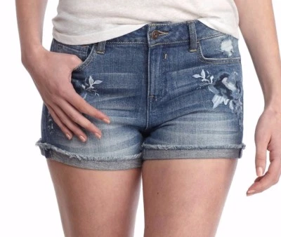 Vanilla Star Med Wash Tonal Embroidered Floral Frayed Hem Stretch Denim Shorts  - Image 1 of 4