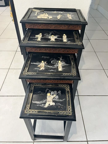 Oriental Furniture Black Lacquer Nesting 4 Tables Carved Geisha Ladies Cover
