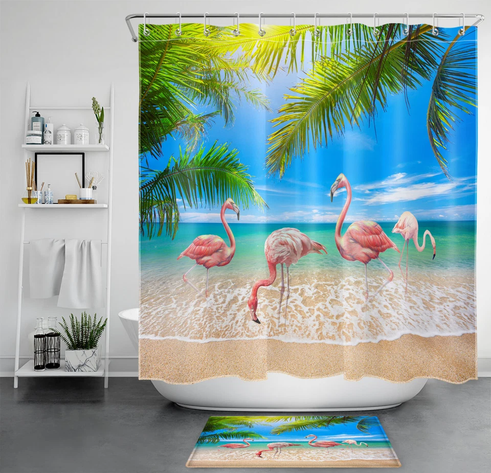 Summer Beach Ocean Palm Leaf Pink Flamingo Shower Curtain Set for Bathroom Decor - Image 1 of 4