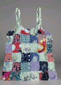 VTG Patchwork Festival Y2K Cotton Cami Tank Top Med Blue Sky Adjustable 0101D - Picture 1 of 6