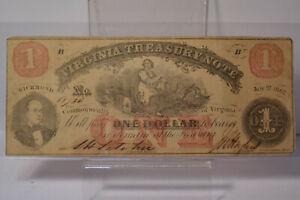 1862 $1 DOLLAR VIRGINIA TREASURY UNITED STATES OBSOLETE CURRENCY NOTE