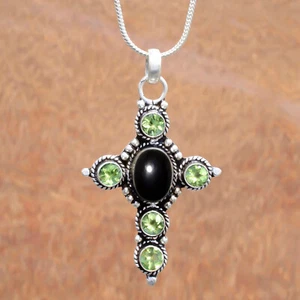 Black Onyx & Peridot Cut Gemstone Pendant 925 Sterling Silver Unique Art Cross - Picture 1 of 8