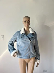 New NWT $695 Les Copains Pale Blue Vegan Faux Shearling Sherpa Biker Jacket Coat - Picture 1 of 24