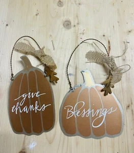 Blessings Holiday Metal Pumpkin Ornaments Set Of 2 NEW - Picture 1 of 10