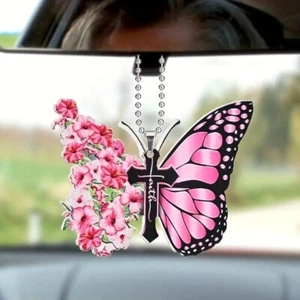 Pink Butterfly Flower Pendant Car Rearview Mirror Faith Cross Key Chain Bag Gift - Bild 1 von 5