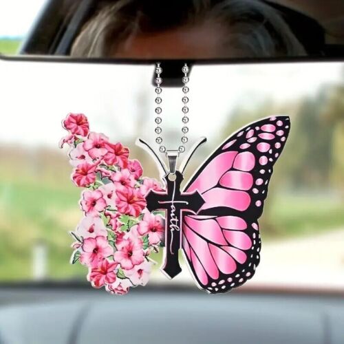 Pink Butterfly Flower Pendant Car Rearview Mirror Faith Cross Key Chain Bag Gift
