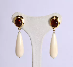 ORECCHINI ARGENTO 925 DORATO AMBRA CABOCHON E PENDOLI OSSO AGHT 0796 - Foto 1 di 3