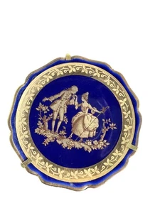 Miniature Limoges Cobalt And Gold Courting Couple Plate With Stand 3.5” - Picture 1 of 7