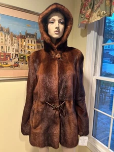 NEW! Natural Brown 30" Long Female Wild Mink Real Fur Coat Jacket 6 Small Hooded - Picture 1 of 14