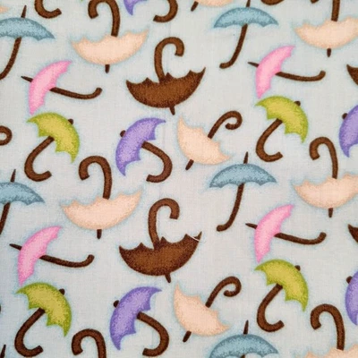 Cotton Fabric Umbrellas Pastel Rain Weather 19" x 44" Blue Pink Green Brown - Image 1 of 4