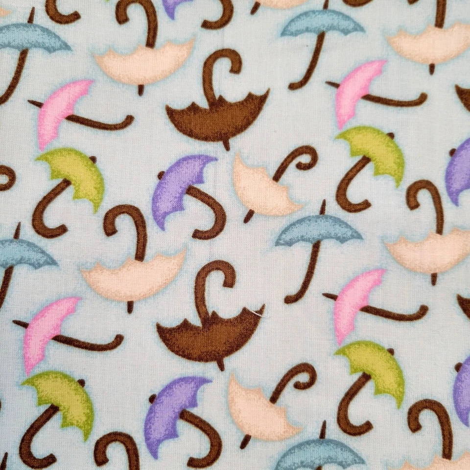 Cotton Fabric Umbrellas Pastel Rain Weather 19" x 44" Blue Pink Green Brown - Image 1 of 4