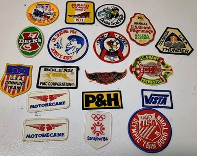 VINTAGE MIXED LOT PATCHES  CHARACTERS  AUTOMOTIVE MOTORCYCLE BICYCLE BOWLING.... - Image 1 of 4