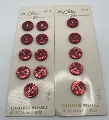 Vintage 2 Sets Le Chic Red NOS Buttons Card #414 21  (9/16”) Acrylic - Image 1 of 4